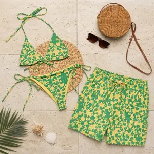 Sage Green Geometric Matching Swimwear Set for Couples, Triangle String Bikini and Men’s Swim Trunks, Tropical Beach Vacation Outfit