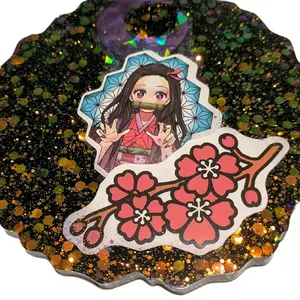Demon Slayer Anime Nezuko art piece with glitter & cherry blossom (Handmade)