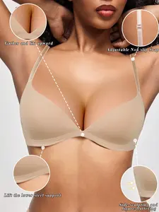 Women's Sexy V-Neck Comfortable Push-Up Non Slip Smoothing Bra, Adjustable Straps, All Seasons, Casual Fitted Design, Plain Pattern, Medium Support