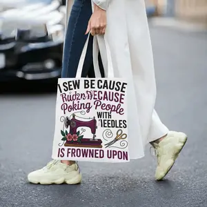 Fashion Funny Sewing Machine Print Canvas Tote Bag Creative Gift for Sewing Enthusiasts Large Capacity Shoulder Shopping Bag Casual Artistic Women's Handbag Eco-friendly Durable Washable Fabric Bag