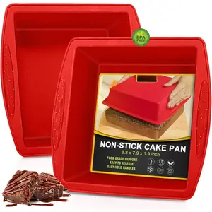 Square Cake Pan, 8 inch, Red, , Non-Stick,  for Brownies, Cakes, Bread, Pies, and Lasagna, Set of 2