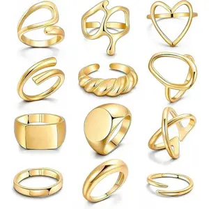 12PCS Gold Stackable Rings Set for Women, 18K Gold Plated Adjustable Knuckle Rings