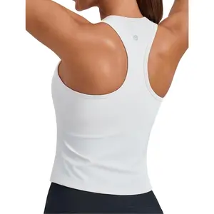 Workout Tops for Women Racerback Tank Top with Built-in Bras, Waist Length Padded Yoga Tops, Athletic Gym Shirts for Fitness Exercise