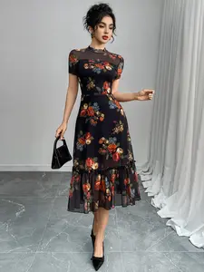 Women's Floral Print Chic Dress, Retro Elegant Fashion Casual Ruffle Trim Fitted Dress for Daily Outdoor Wear, Women Dress for Summer