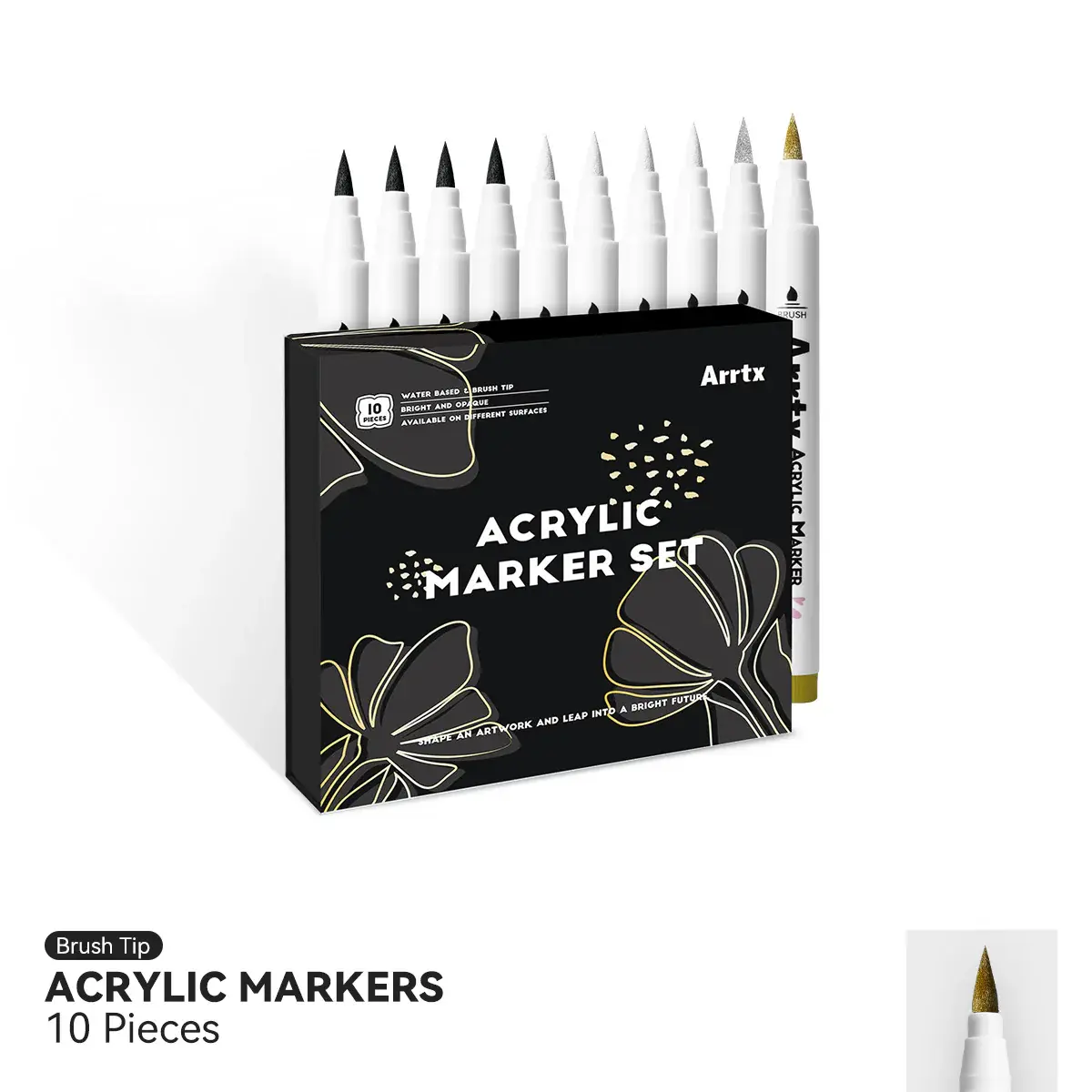Arrtx Acrylic Paint Pens, 10-Pack Extra Brush Tip Markers (4 White, 4 Black, 1 Gold, 1 Silver) - Water-Based, for Rock Fabric Wood - Sketchbook Ideas, Art for Kids, Adult Coloring, Brush Marker Drawing & Painting Supplies