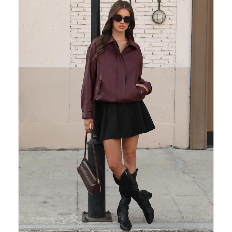Casly Lamiit Women's Burgundy Faux Leather Jacket Long Sleeve Collared Zipper Oversized Biker Coat Trendy Travel Casual Outfits Basic Outerwear Womenswear Tops