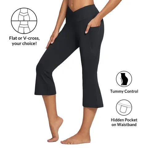 Baleaf Women's 21in Comfortable Basic Yoga Capri Bottoms - Casual Fitted Trousers, Bootcut Cotton Leggings with Pockets, Fit for Summer Lounge & Work Use
