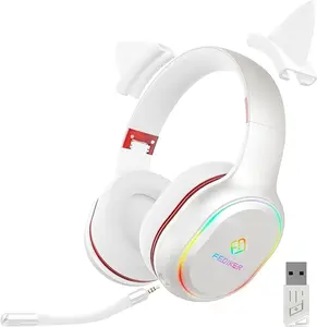 Low Latency Wireless Gaming Headset for PS5, PS4, and PC - USB Dongle, Detachable Mic, RGB Lighting, Cute White Cat Ear Design, Ideal for Girls and Women