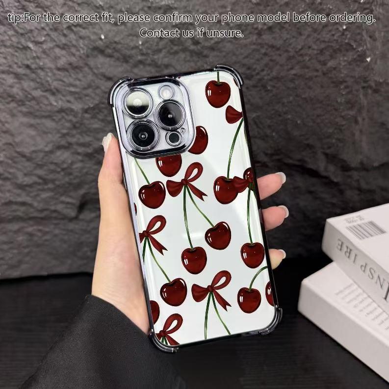 Elegant cherry pattern phone case, four corner airbag anti drop protection, anti yellowing electroplating ultra-thin TPU material, suitable for iPhone 17Pro Max Air 16 15 Plus 14 13 12 11 XR XS and Samsung Galaxy S25 S24 S23 S22 phone cases. A17