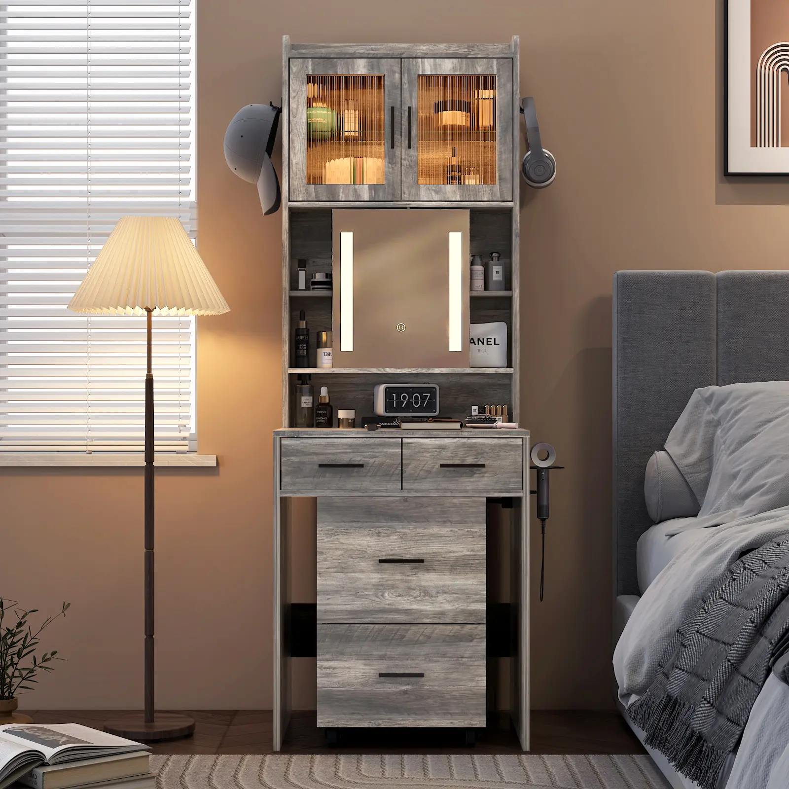 Karl Home Compact Small-Space Vanity Desk: Sliding Mirror with LED Lights, Charging Station & Storage Shelves – Mini Corner Vanity Set with Hidden-Storage Stool for Bedroom