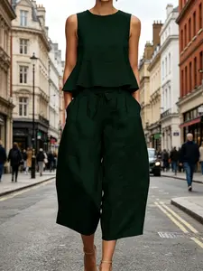 Women's Summer Fashion Loose-Fit Vest Set, Solid Color Round Neck Sleeveless Top with Pockets, Drawstring Seven-Quarter Pants