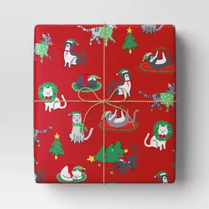 Christmas Roll Wrap Illustrated Cats on Red