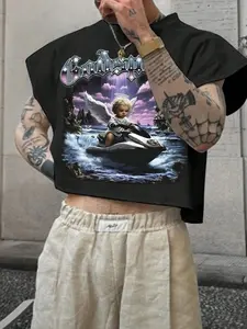 Men’s Godspeed Angel Jet Ski Graphic Cropped Tee, Retro Dark Streetwear Oversized Boxy T-Shirt, 2026 Viral TikTok Style Sleeveless Crop Top for Skate & Daily Wear
