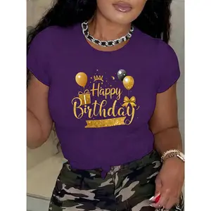 100% Pure Cotton, Women's Birthday Short Sleeve T-Shirt with Birthday Elements and Balloon Gift Print, Round Neck, Casual Style, Elegant and Romantic Summer Wear, Fashionable for Commuting, Vacation, Daily Versatile Casual Top, Multiple Colors Available