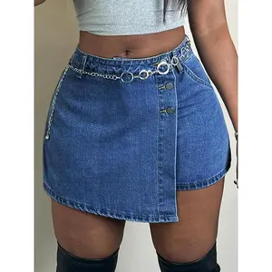 Women's solid color button fly denim skirt, casual asymmetrical linen skirt, spring and summer women's underwear, women's clothing, Bohemian fashion border skirtRAIMENTRY