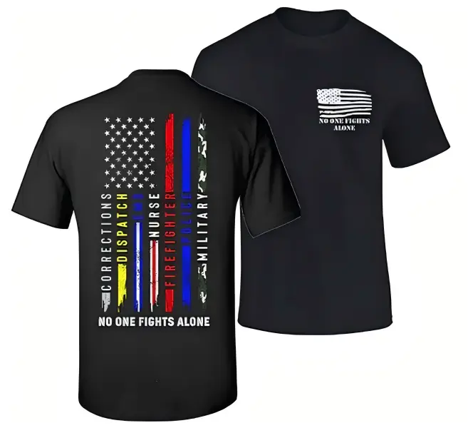 No One Fights Alone T-Shirt – Patriotic Support Tee, Soft Blend Shirt, Honor First Responders Military Nurse Police Gift for Men & Women, American Flag Graphic,Casual,shirts