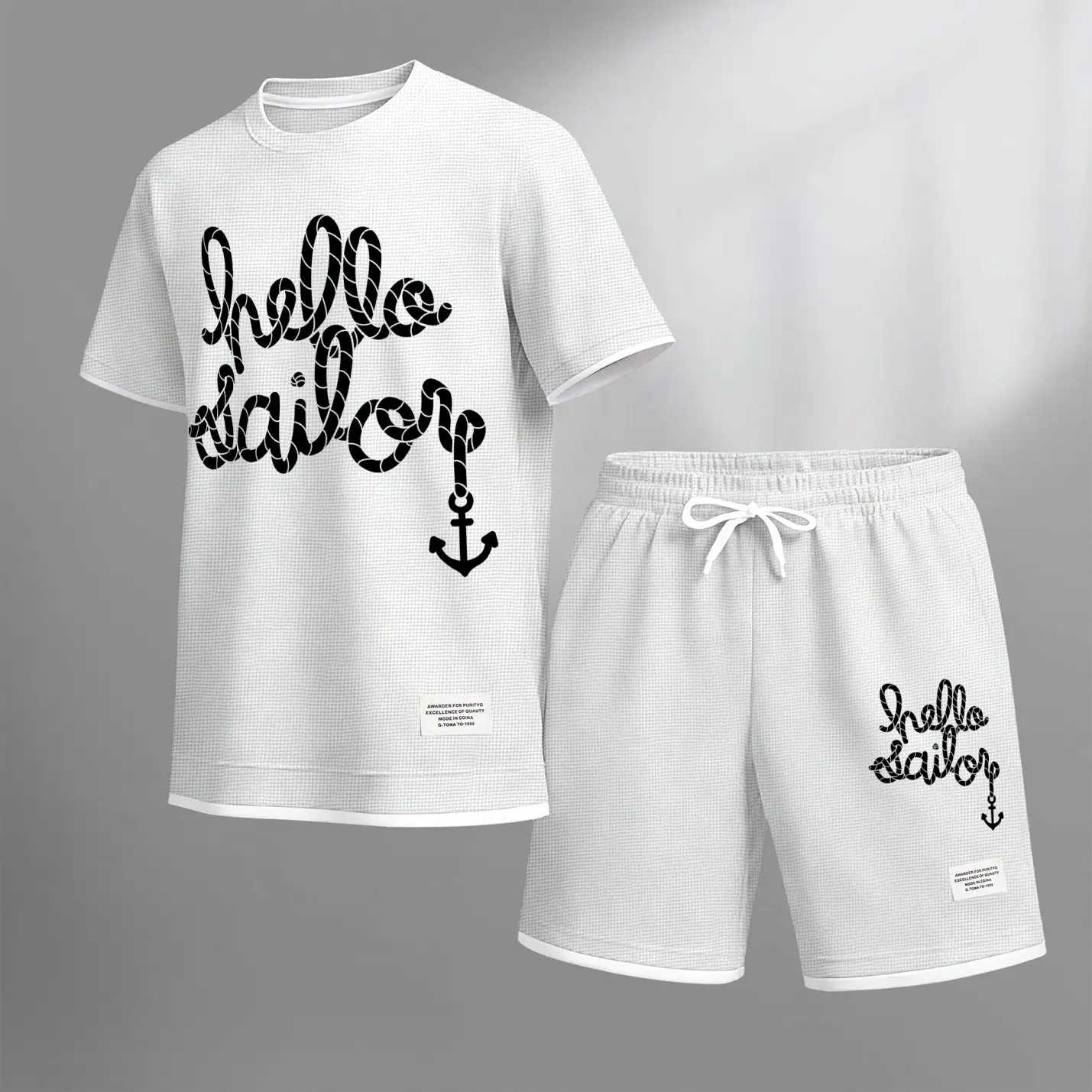 Men's “Hello Sailor” Graphic Print Short Sleeve Shirt and Drawstring Shorts Set, Casual Summer Two-Piece Outfit, Lightweight Breathable Relaxed Fit Sportswear, Stylish Comfortable Daily Wear Beach Vacation Travel Loungewear