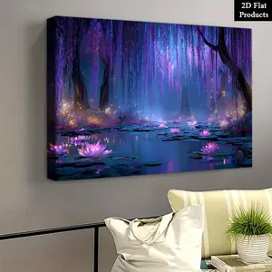 2D Flat Fantasy Phosphorescent Wood Framed Canvas Painting Poster - Mysterious Moonlight Garden with Glowing Lotus Flowers, Ornamental Flowers Wall Art for Living Room, Bathroom Decor & Valentine's Day Gifts (Art Deco Style), Fantasy Wall Arts