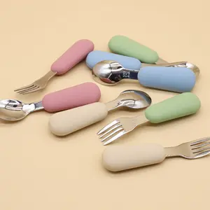 304 Stainless Steel Spoon and Fork Set with Silicone Handles for Baby Food Toddler Forks and Spoons