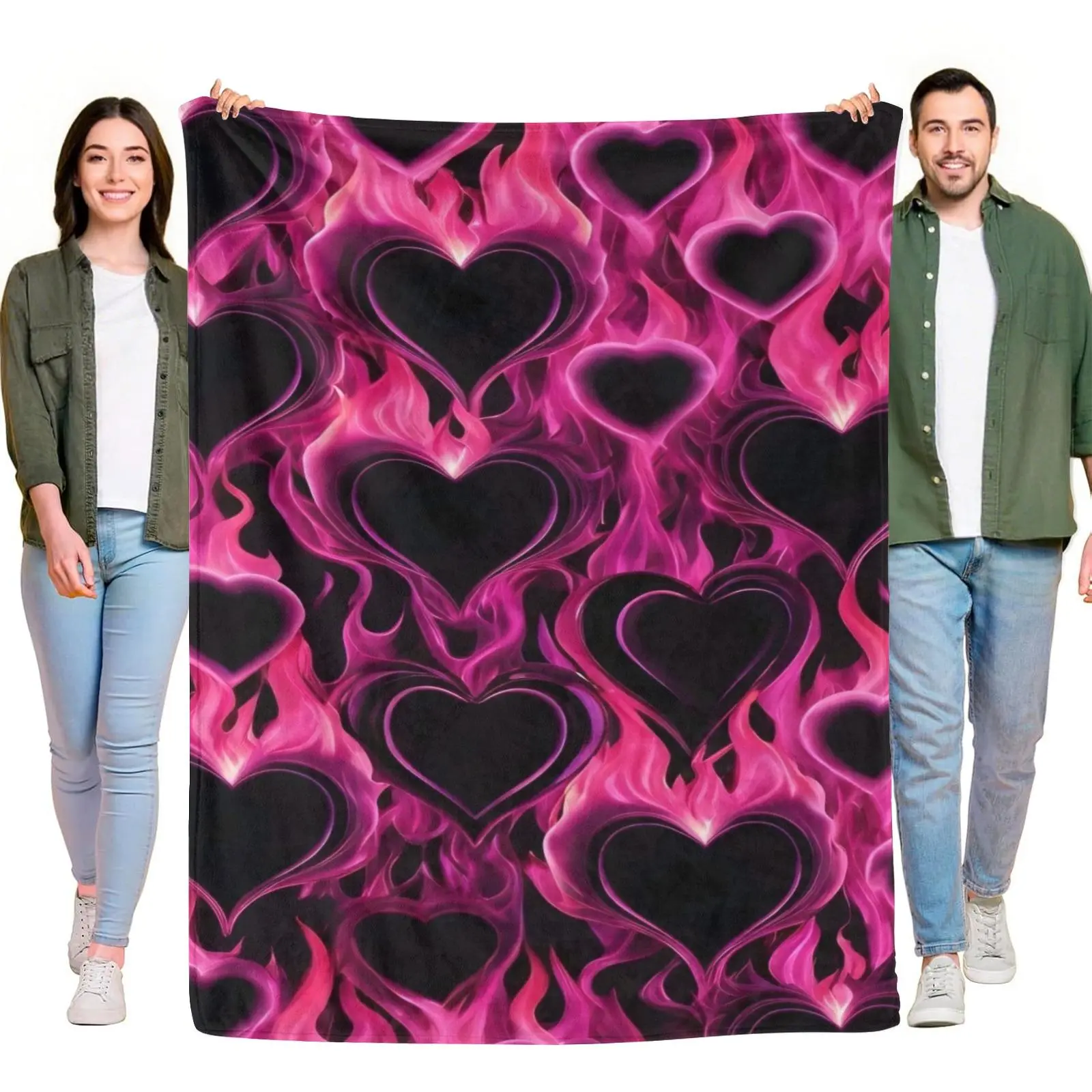 Pink Flame Heart Pattern Dark Background Flannel Throw Blanket, Y2K Aesthetic Neon Fire Heart Trendy Soft Blanket