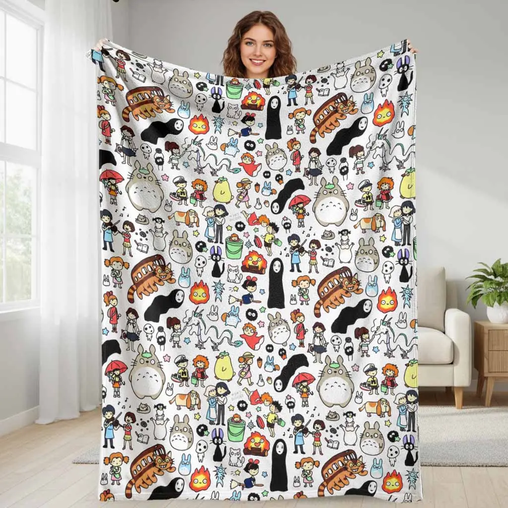 Studio Ghibli Anime Character Flannel Blanket Cartoon Doodle Pattern Soft Plush Warm Throw Breathable Lightweight Decorative Bed Sofa Couch Living Room Nap Travel Camping Gift Essential