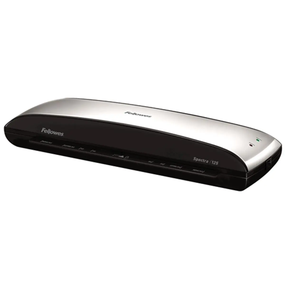 Fellowes Spectra 125 Plastic Laminator - Silver & Black, Entry 12.5" Width, Pouch Starter Kit, Home Use, Accommodates Multiple Document Sizes, Photo Capable, 7.69" H x 3.94" W x 19.5" D, Auto Shut Off, Energy Efficient, Hot Lamination