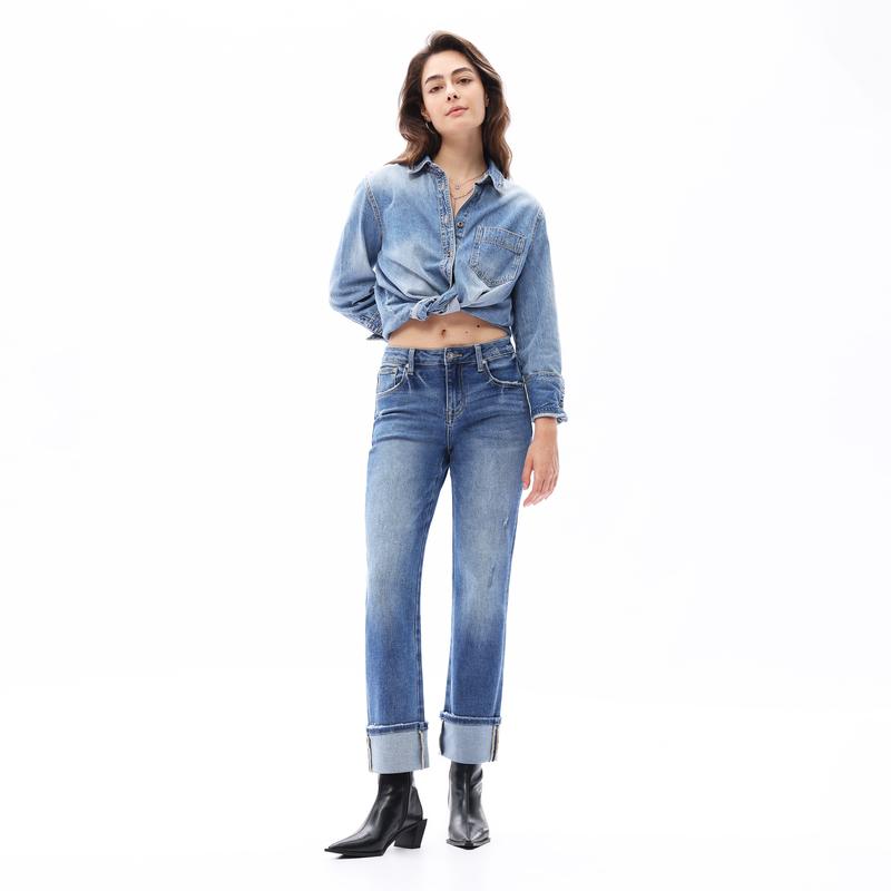 ONESO Vintage Straight Leg Jeans for Women Mid-Rise Cropped Cuffed Figure-Enhancing Stretch Denim with Tummy Control & Casual Boyfriend Fit Y2K Inspired Distressed Ankle Jeans