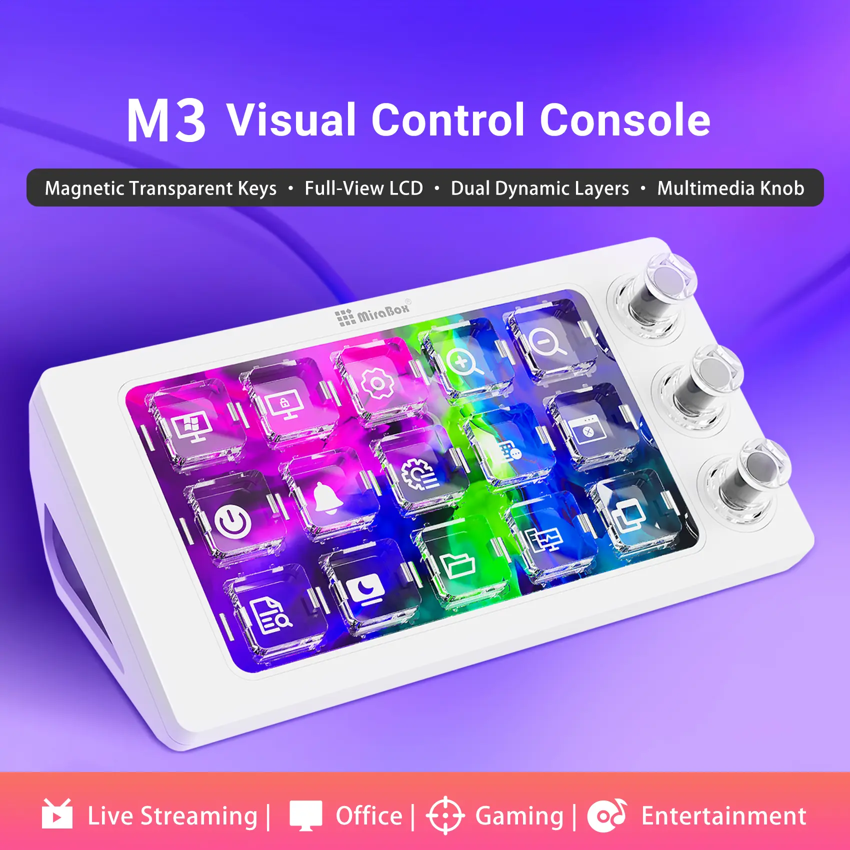 MiraBox MagTran M3 Wired Transparent PC Game Keyboard - World’s First MagTran Switches, Transparent Keycaps, 15 LCD Keys, 3 Custom Knobs, Fully Customizable Multitasking Control, Compatible with Windows/macOS, Pc Keyboard