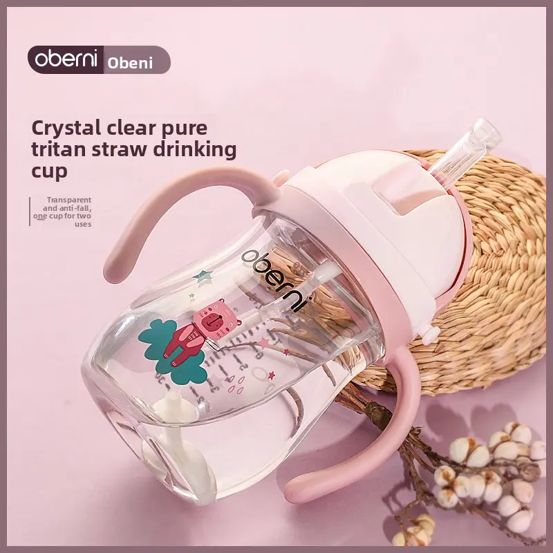 Obani 270ml Baby Training Cup with Handle & Strap for Children Drinking Water Straw Cup Safe Tritan Material Anti-Choking Design Leak-Proof
