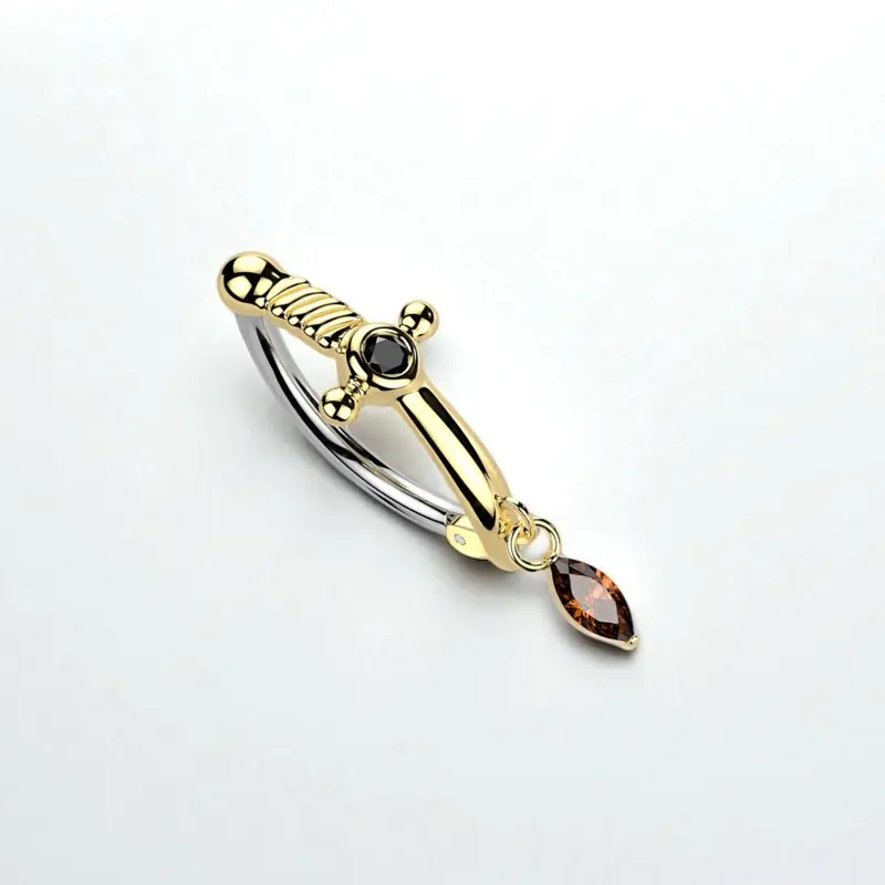 Sparkle Gold-Plated Dagger Belly Button Ring, 14g Gauge 10mm Barbell with Marquise Gem Dangle, Unique Gemstone Dangling Gauges Piercing Body Jewelry, Belly Button Rings, Dangling Gauges Piercing Jewelry