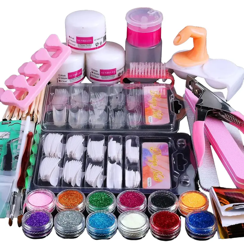 Nail Kit Set Professional Acrylic with Everything, 12 Glitter Acrylic Powder Kit Nail Art Tips Nail Decoration, DIY Nail Tool Nail Supplies Acrylic Nail Kit for Beginners (Professional) Crystal Manicure Nail Care Clipper Gift Long Lasting Nail Polish