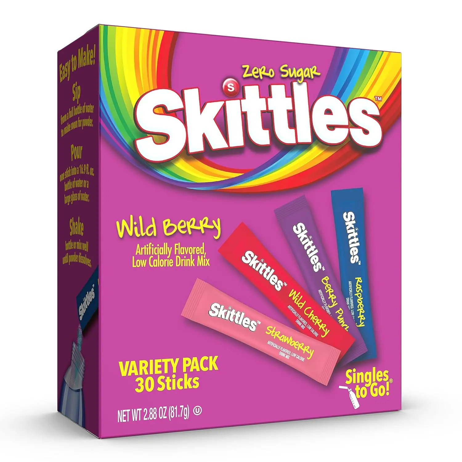 Skittles Wild Berry Singles To Go - 4 Flavors, 30 Drink Mix Packs Fruit Candy Snack Rainbow Skittles Wild Berry Singles To Go - 4 Flavors, 30 Drink Mix Packs Fruit Candy Snack Rainbow