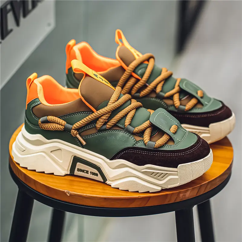 Men Two Tone Patchwork Platform Chunky Sneakers, Thick Rope Lace Up Suede Leather Athletic Shoes, Shock Absorbing Non Slip Casual Trainers, Black Retro Green Two Color Fashion Footwear For Street Hip Hop Daily Travel