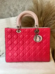 Pre-owned Dior Lady Large  Tote Bag in vibrant pink gray and blush tri color leather. Features the iconic cannage quilting 1919