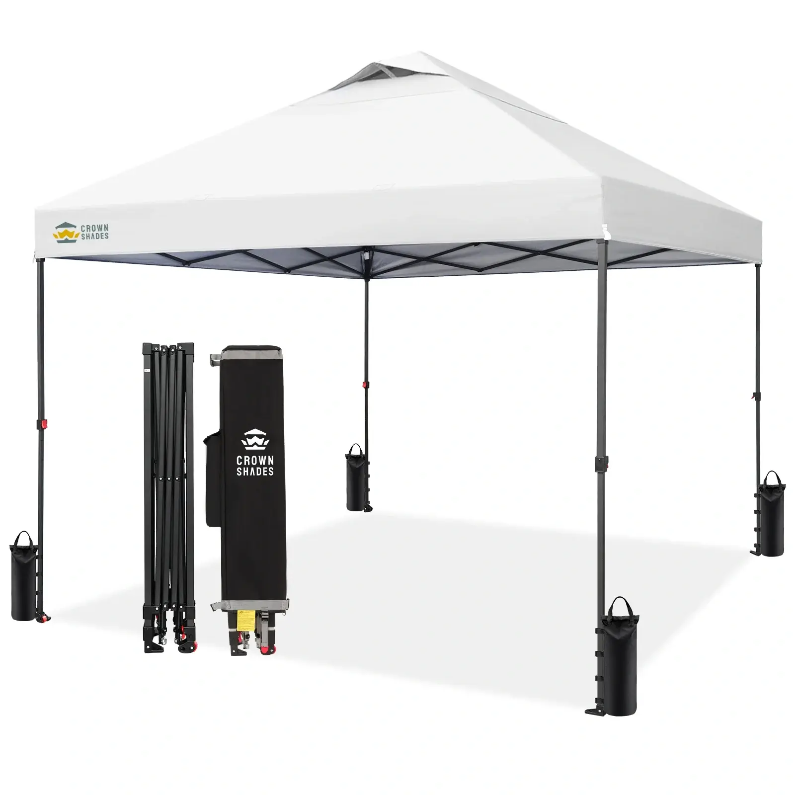 CROWN SHADES 10x10 Pop Up Canopy - Patented Center Lock One Push Instant Outdoor Canopy Beach Tent with STO-N-Go Bag 8 Stakes & 4 Sand Bags，White
