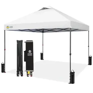 CROWN SHADES 10x10 Pop Up Canopy - Patented Center Lock One Push Instant Outdoor Canopy Beach Tent with STO-N-Go Bag 8 Stakes & 4 Sand Bags，White