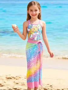 Girls' Rainbow Unicorn Full-Print Swimsuit Set, 2-Piece Swimwear for All Seasons, Cute Random Print Design, Perfect Gift for Valentine's Day