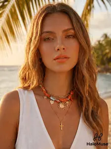 Two-In-One Silk Scarf & Layered Necklace Set - Gold Plated Necklaces, Boho Aesthetic for Summer Beach & Daily Wear