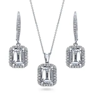 BERRICLE Sterling Silver Halo Statement Necklace and Earrings Set for Women, Emerald Cut Cubic Zirconia CZ