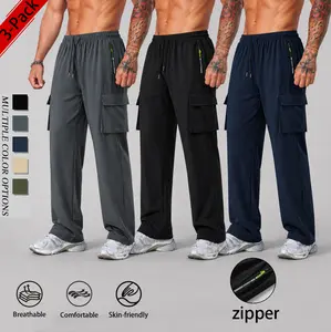 3-pack baggy wide-leg sweatpants for men, breathable casual athletic long pants with zippered pockets and cargo flap pockets, straight-leg design suitable for everyday workouts, outdoor wear, and summer casual wear; available in multiple colors and sizes
