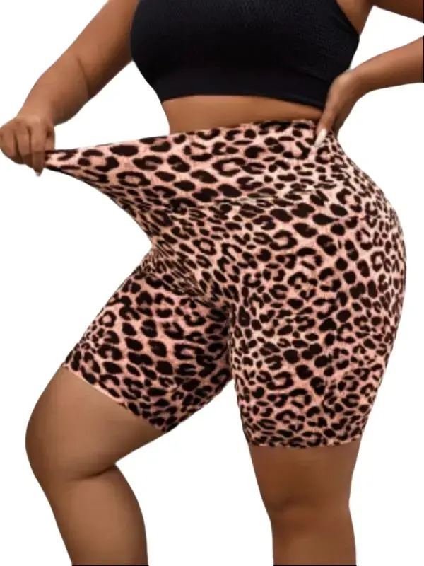 Plus Size Yoga Shorts for Women High Waist Stretchy Leopard Print Athletic Shorts with Pockets Workout Shorts for Women Biker Short Set