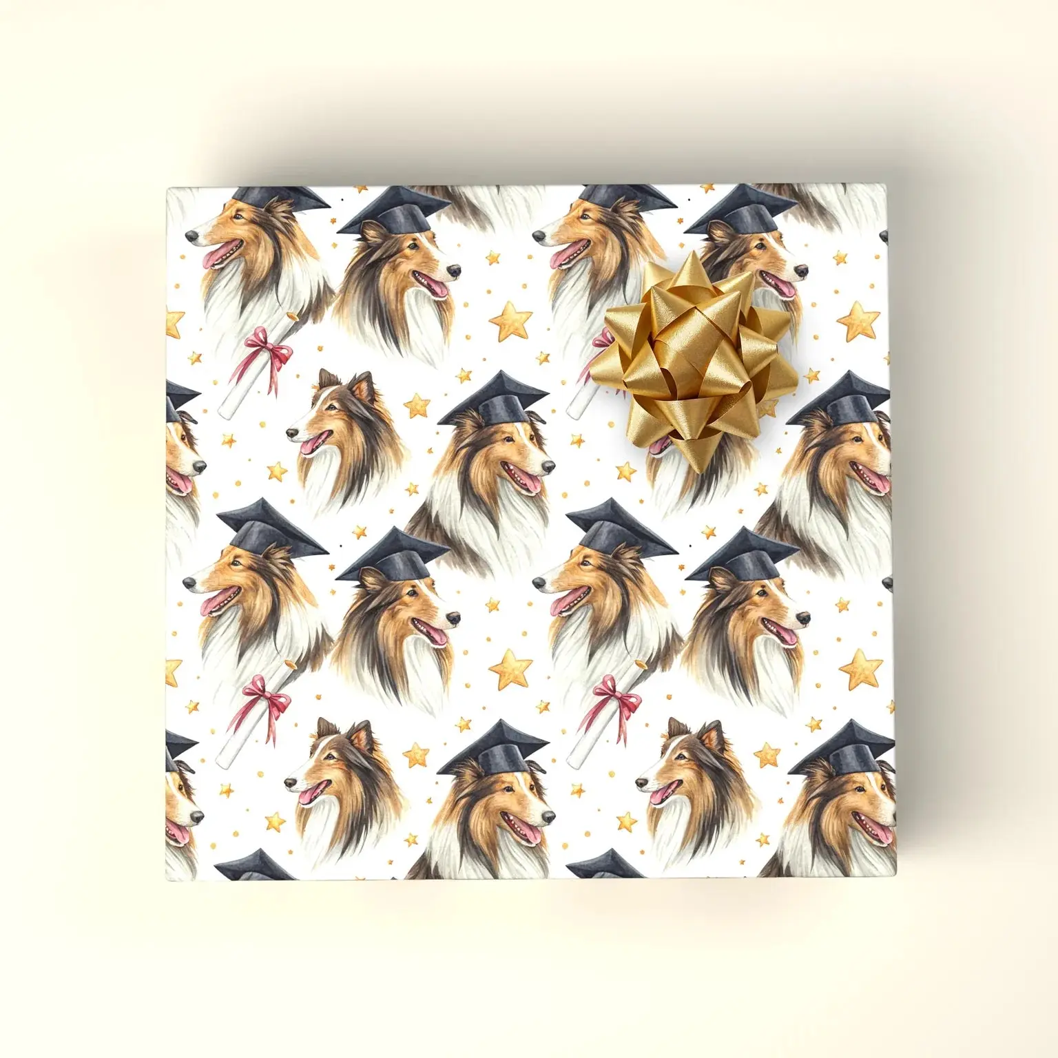Collie & Crimson-Gold Graduation Cap Design Graduation Wrapping Paper Roll, 15ft x 30 inches, Clean White Back, Wraps Tight Without Ripping, Office Stationery Gift Wrapping Supply, Most Distinguished Gift Wrap
