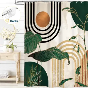 Boho Shower Curtain with Hooks, Modern Abstract Fabric Bathroom Curtain, 72" x 72", Green