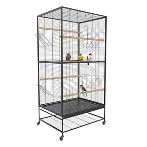 Extra Large Carbon Steel Bird Cage with Flat Top and Rolling Stand - Spacious Aviary for Parrots, Cockatiels, African Grey, Conures, Budgies, Parakeets, and Pigeons - Removable Tray, Secure Lock, Indoor Outdoor Use