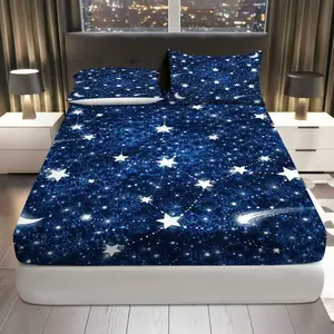 3Pcs NightSky Starry Galaxy Fitted sheet Three Piece Set (1*Fitted Sheet+2*Pillowcases, Coreless), Space theme, Celestial Constellation Bedding Set, Mattress protector Soft, Breathable