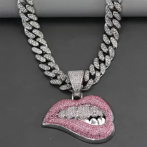 Iced Out Cuban Chain Necklace with Pink Biting Lips Pendant - Hip Hop Y2K Bling Sports & Outdoor Protective Accessory Jewelry
