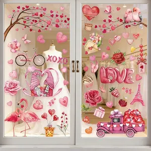 Valentine's Day Glass Window Stickers Set, Includes Dwarf, Heart Tree, Truck, Flamingo, Heart-Shaped Decals for Home Office Party Wedding Anniversary Decor
