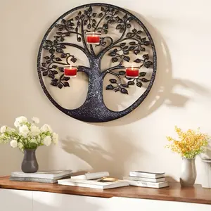 Iron Tree Wall Hanging Decoration, Includes 3 Glass Candle Holders, Perfect for Halloween, Christmas, and Other Holiday Home Decorations