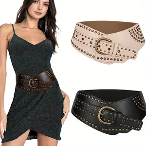 XZQTIVE Women Western Vintage Wide Elastic Belt Rivets Studded Stretchy Waist Belt with Metal Buckle for Cowgirl