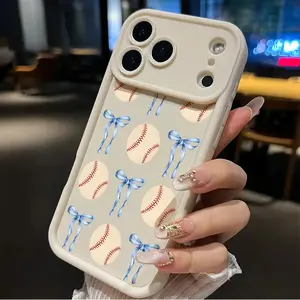 Cute Bow Baseball iPhone Case – Trendy Sporty Aesthetic, Shockproof Non-Slip Slim Silicone Cover for iPhone 17 Pro Max/16/15/14/13/12/11
